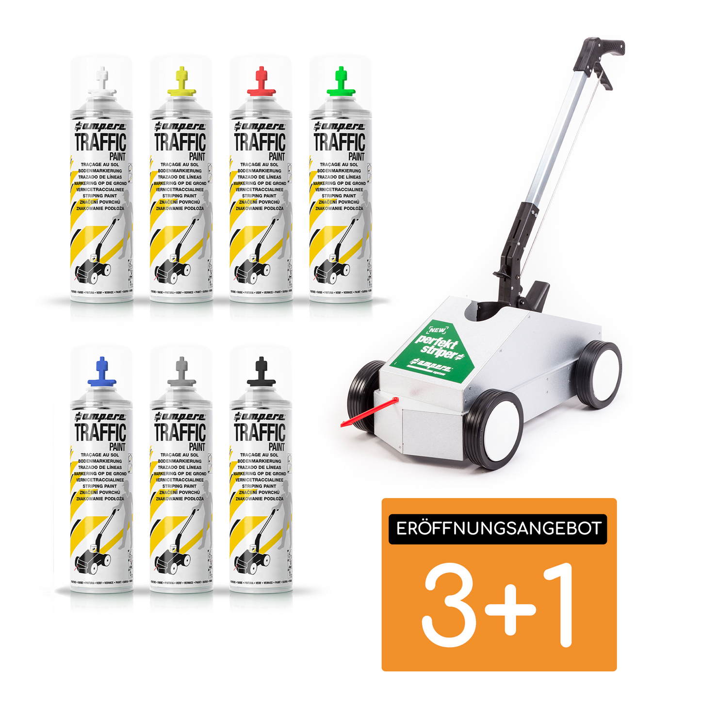 A.M.P.E.R.E 3+1 Eröffnungsaktion Trafic Paint Bodenmarkierungsfarbe + New Perfekt Striper